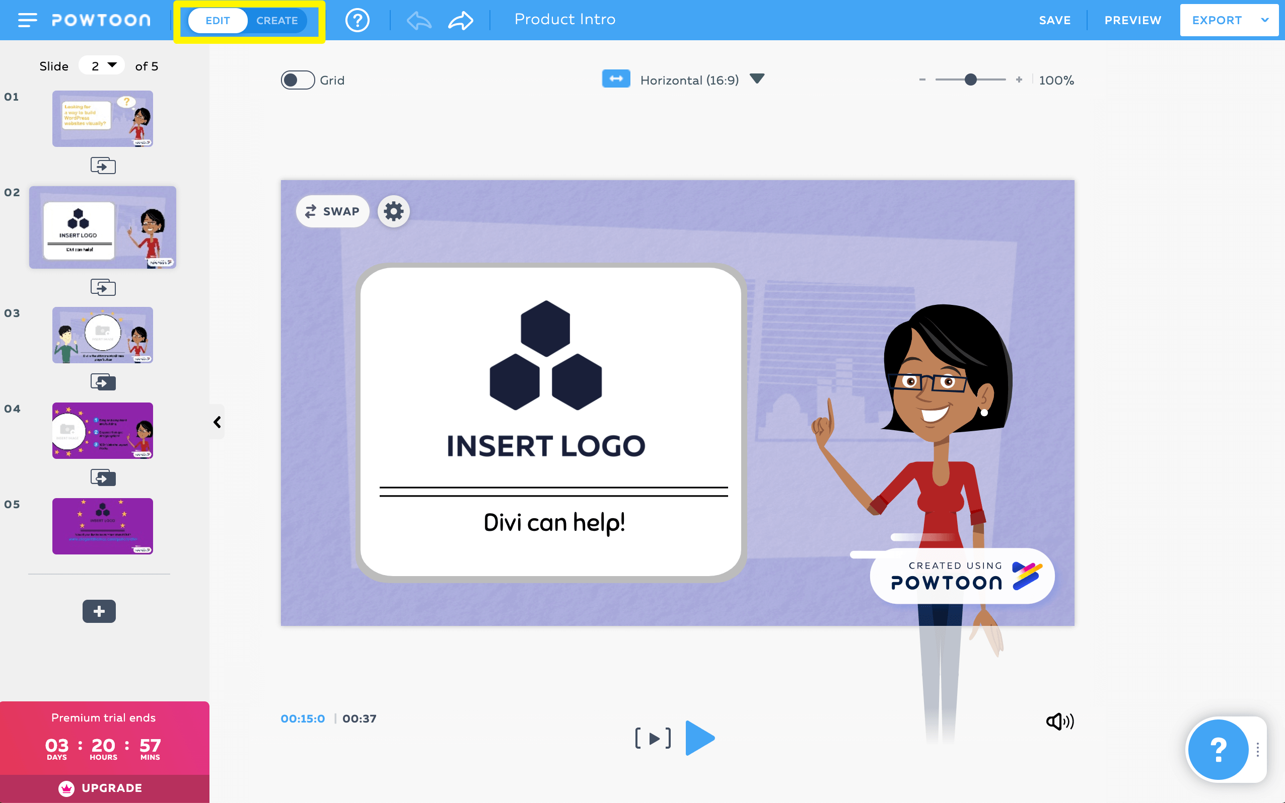 เปลี่ยนเป็นโหมดสร้างใน Powtoon