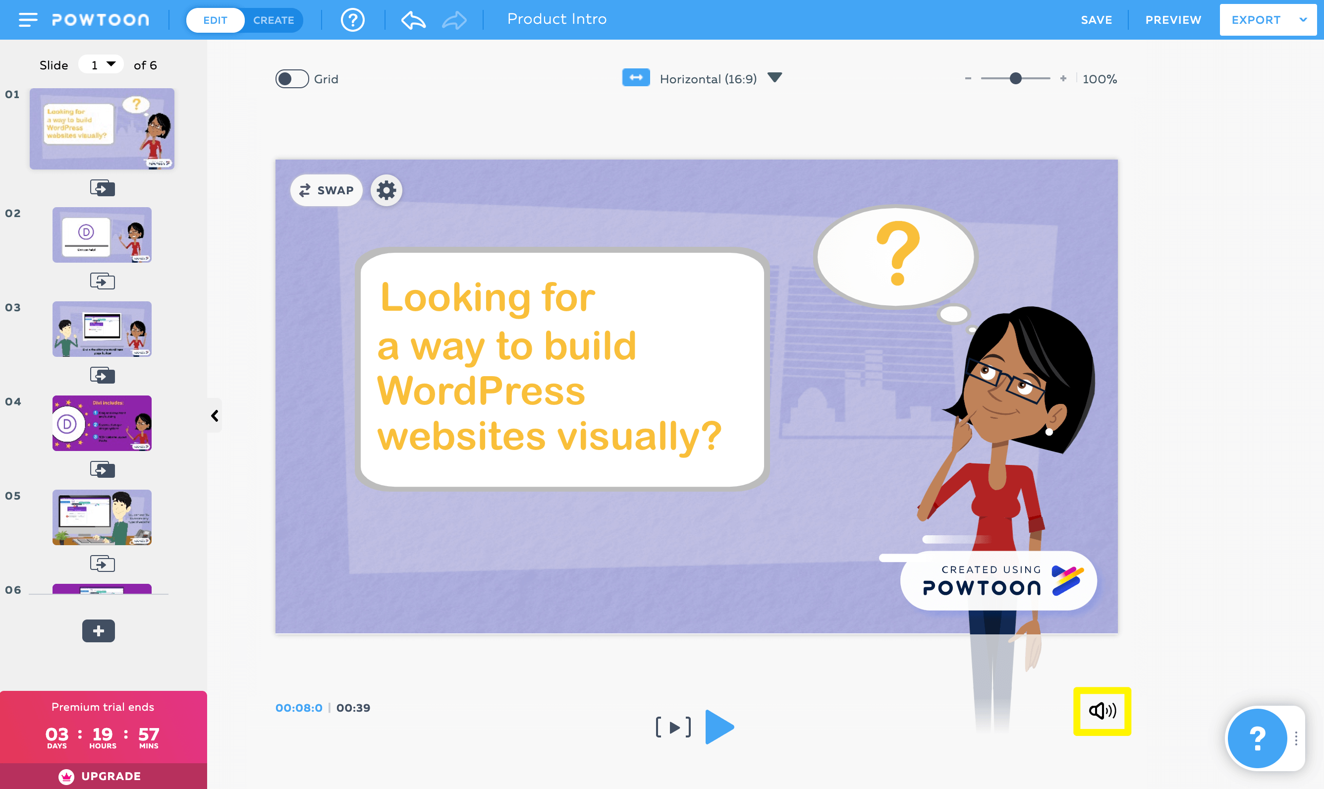การเปิดแผงควบคุมเสียง Powtoon