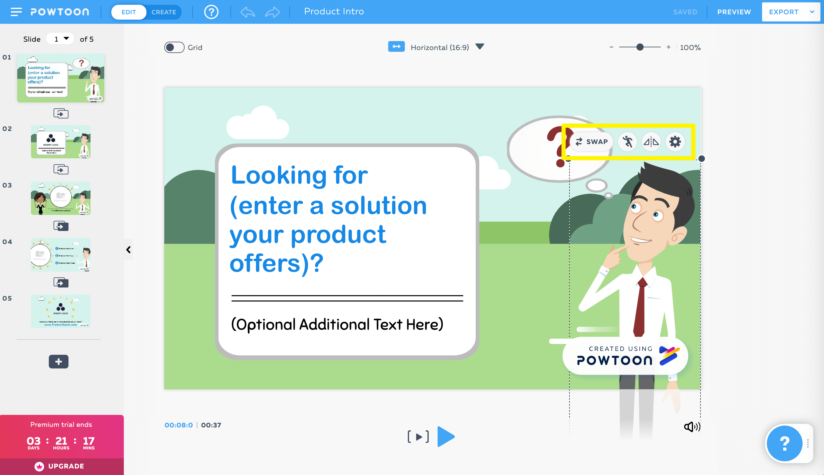 การเปิดแถบเครื่องมืออักขระ Powtoon