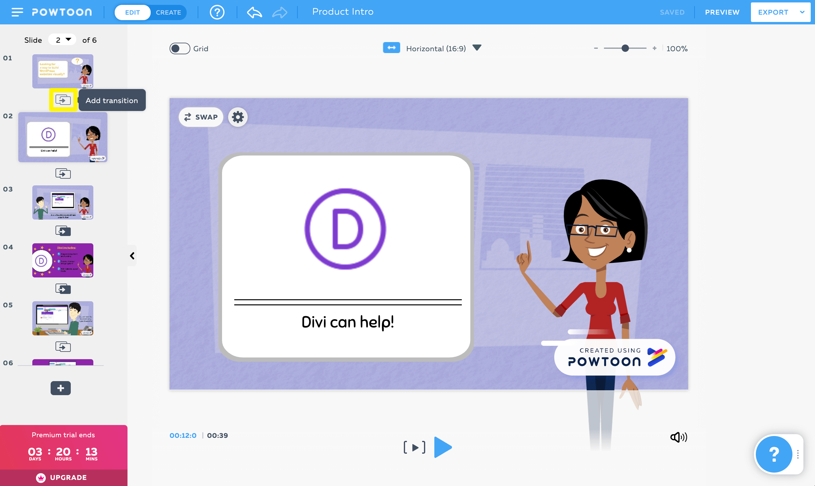 การเพิ่มทรานซิชันระหว่างฉากใน Powtoon