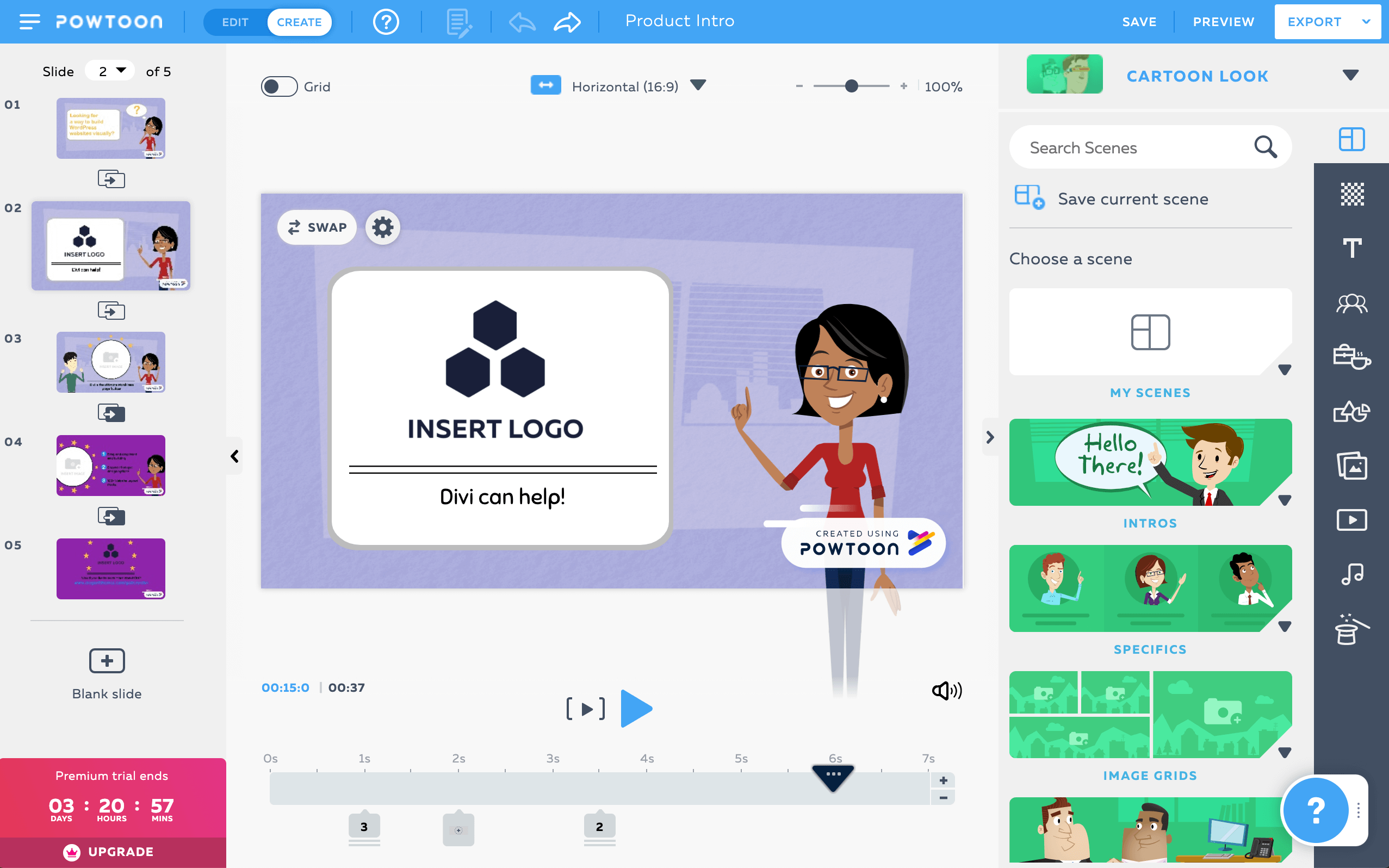 แถบเครื่องมือสร้าง Powtoon