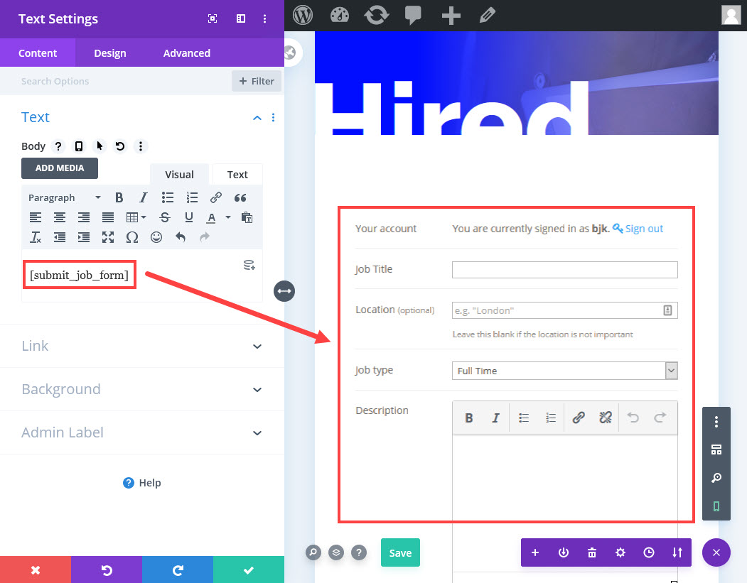 使用 divi 呈現作業提交短代碼
