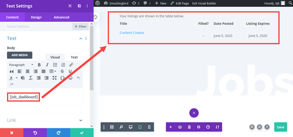用於職位發布的用戶儀表板