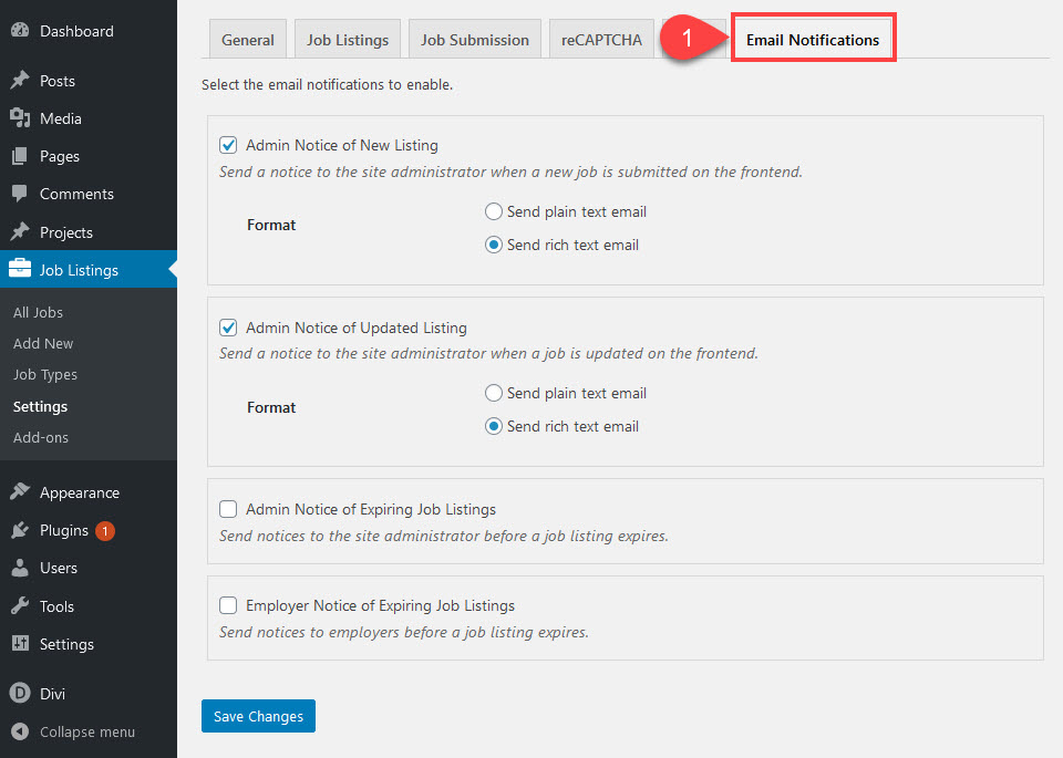 電子郵件通知選項卡