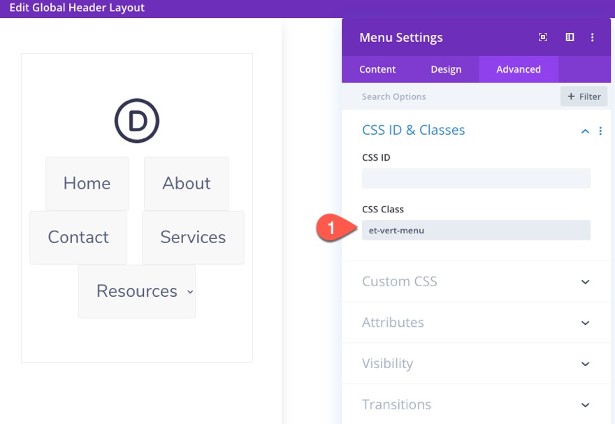 divi 수직 탐색 메뉴 및 헤더