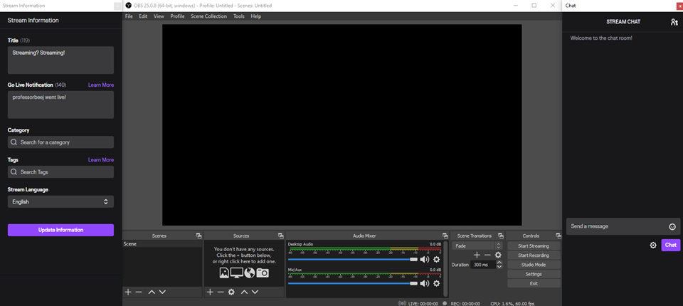 OBS 스튜디오 기본 창