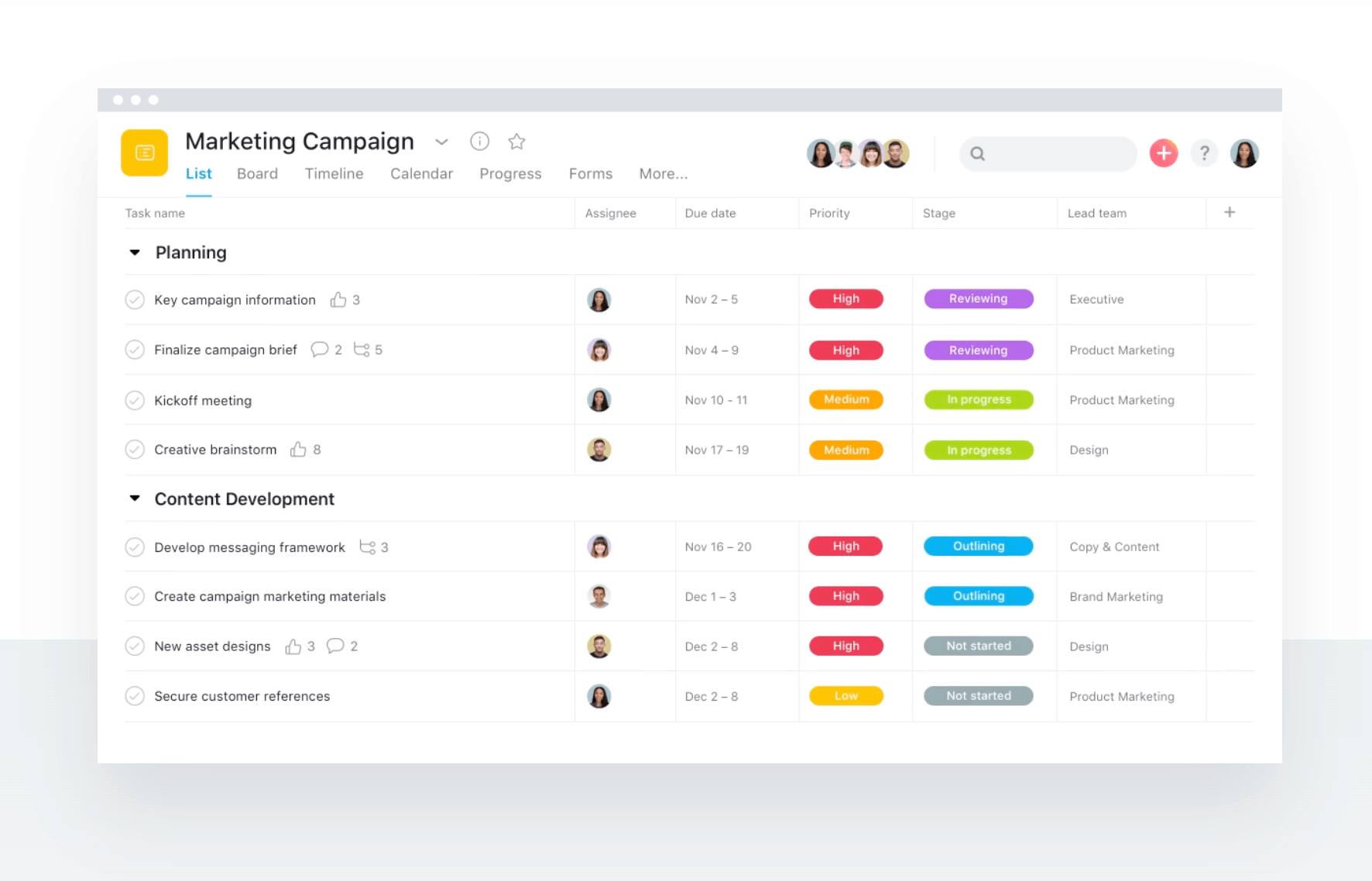 Asana 프로젝트 관리 소프트웨어.