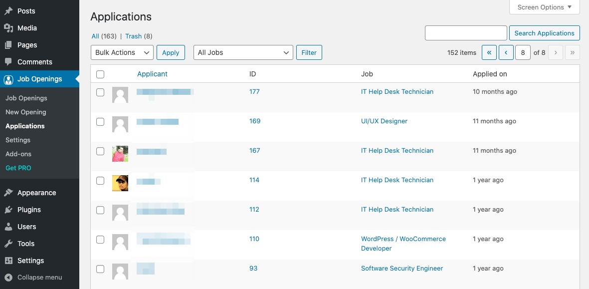 WP求人でのアプリケーションの表示。