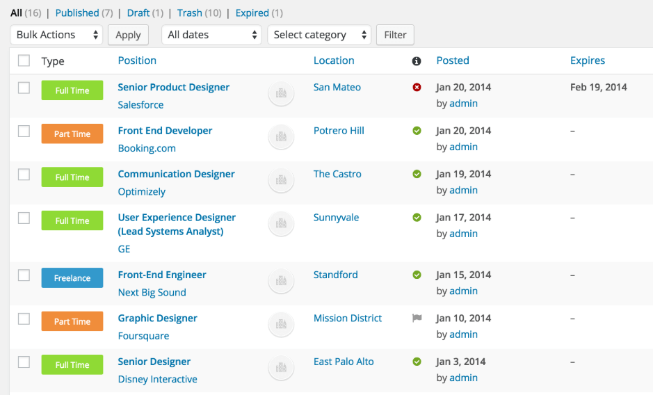 WP JobManagerのジョブリスト。