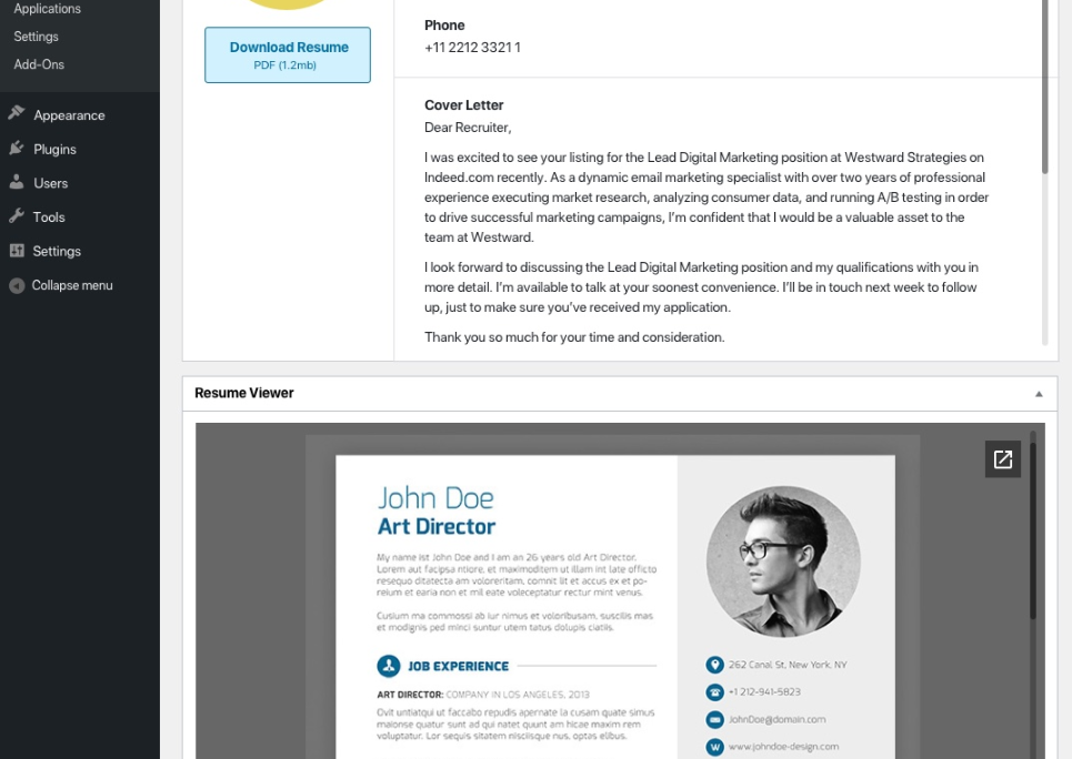 WP求人で履歴書をプレビューします。