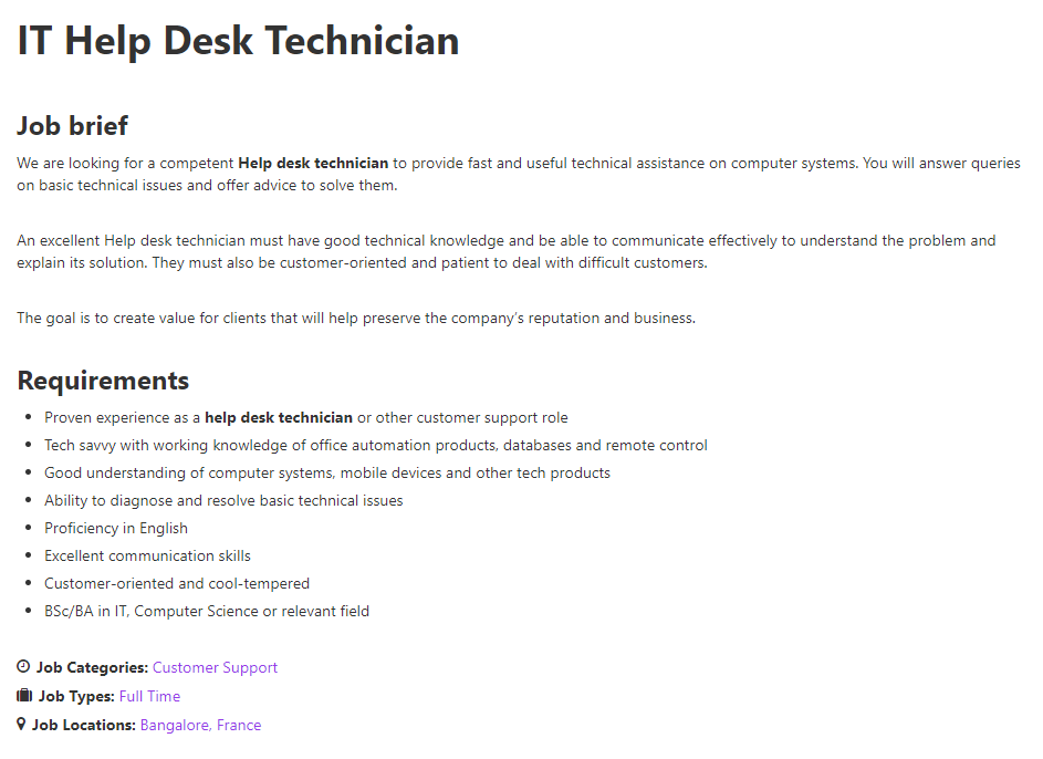 WP求人でのポジション要件の一覧表示。