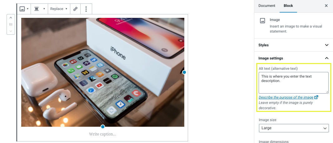 WordPress 편집기의 이미지 대체 텍스트 상자.