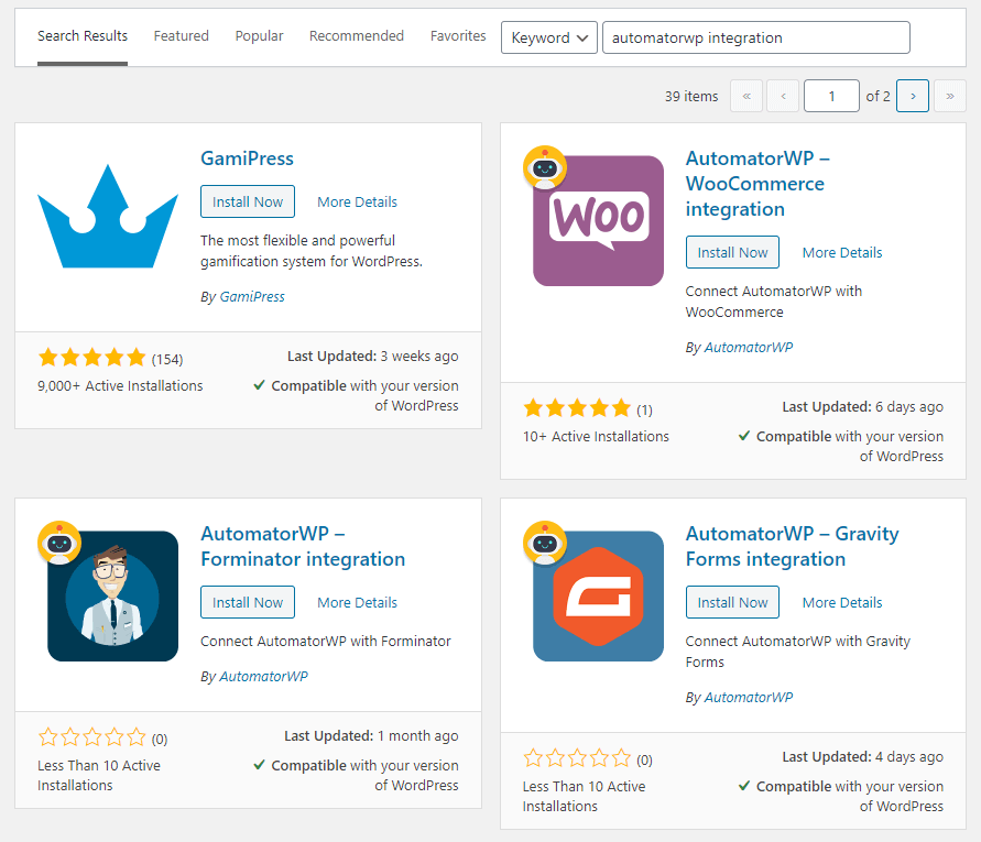 WordPress 플러그인을 자동화하기 위한 다양한 통합 설치.