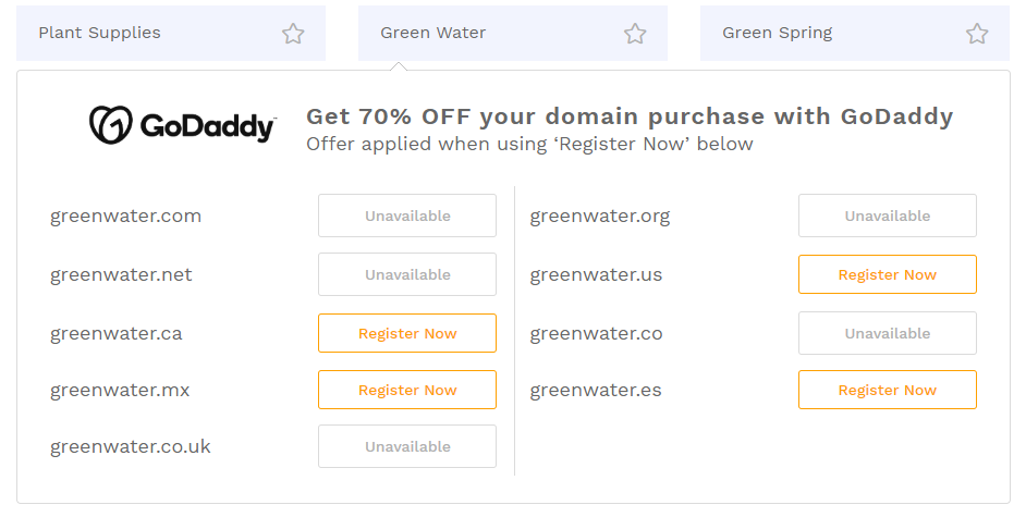 商业名称生成器中的 TLD 可用性。