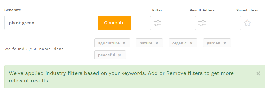 企业名称生成器的名称生成屏幕。