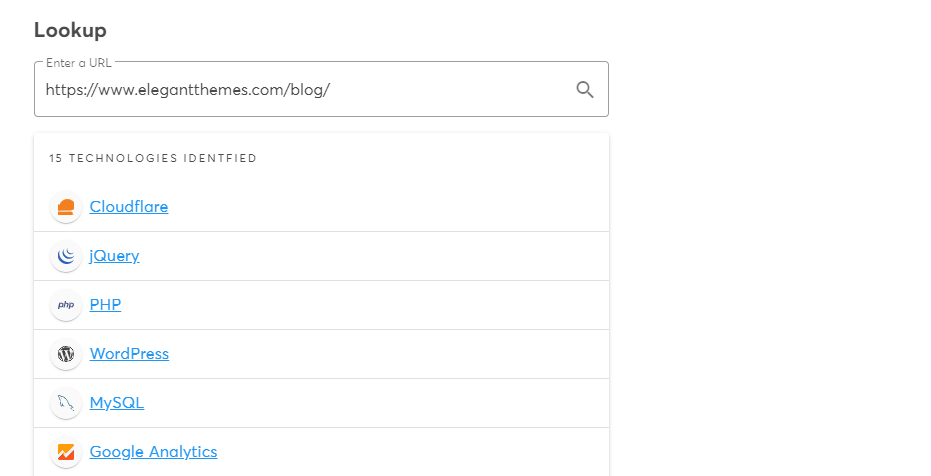 ウェブサイトが何で構築されているかを示すWappalyzerの概要ページ。