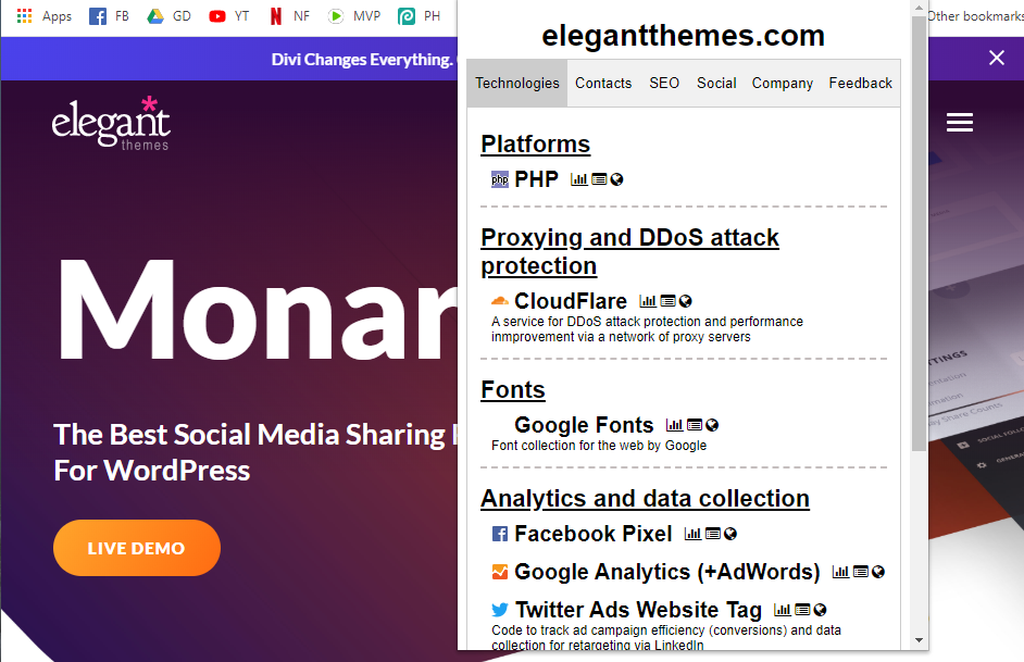 Webspotterのソフトウェアスタック情報。Webサイトが何で構築されたかを示します。