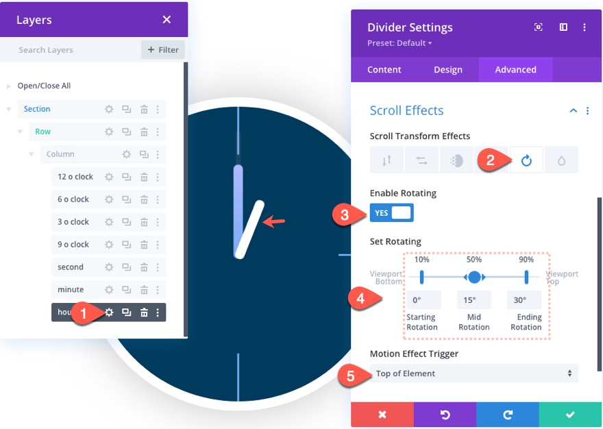 Divi анимированный эффект прокрутки часов