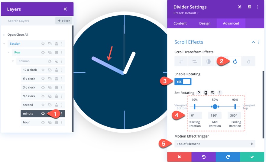 Divi анимированный эффект прокрутки часов