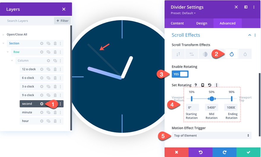 Divi анимированный эффект прокрутки часов
