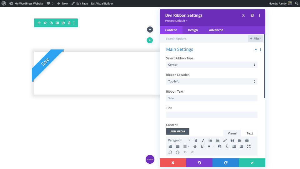 Onglet Contenu du ruban Divi