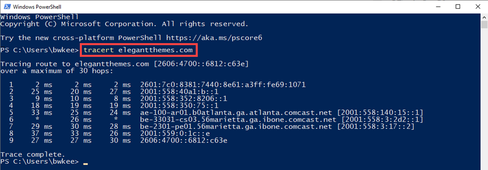 fereastră traceroute în PowerShell