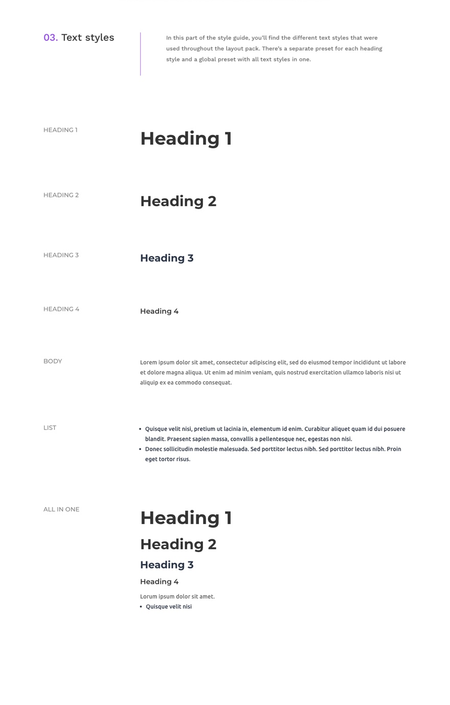 guide de style des préréglages globaux de l'agence web divi