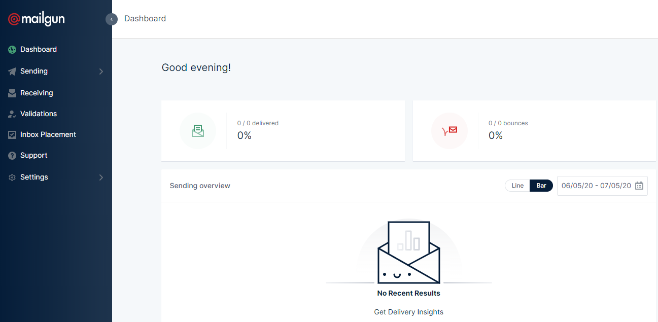 Le tableau de bord Mailgun.