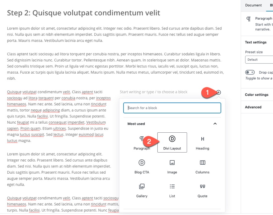 globalne ustawienia wstępne z blokiem układu divi