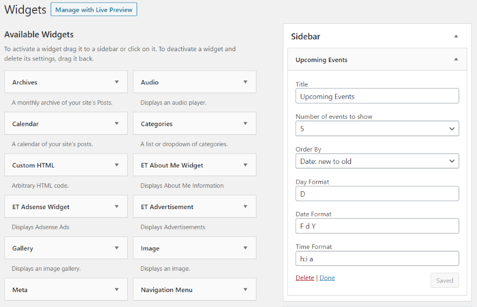 Widget Divi Event Manager