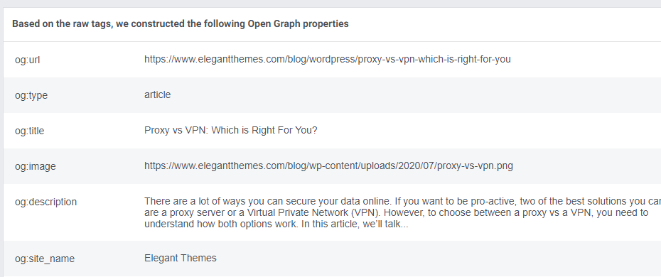 Une liste de balises OpenGraph.
