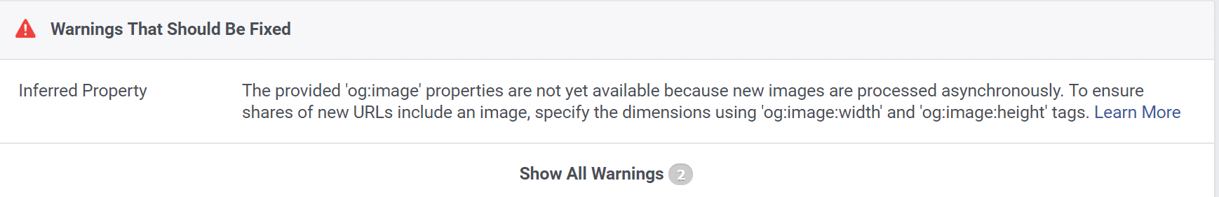 Un avertissement de balise d'image OpenGraph.