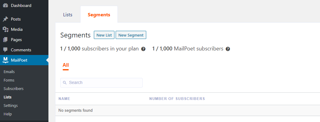 إنشاء مقطع MailPoet جديد.