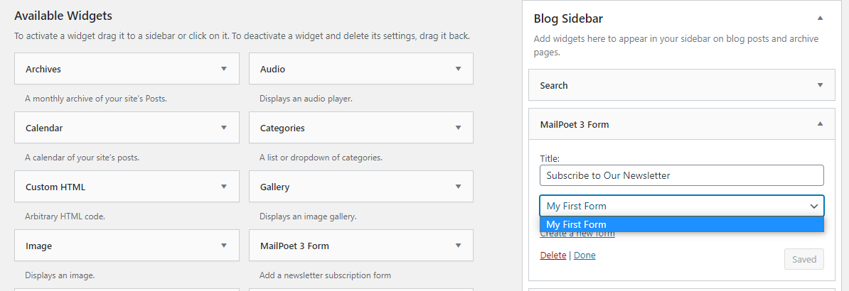 إضافة عنصر واجهة مستخدم MailPoet.
