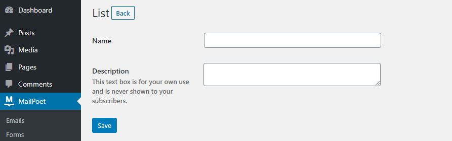 إضافة قائمة جديدة إلى MailPoet.
