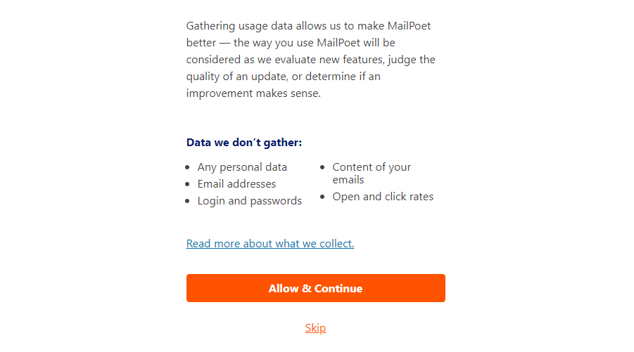 اختيار إرسال بيانات مجهولة إلى MailPoet.