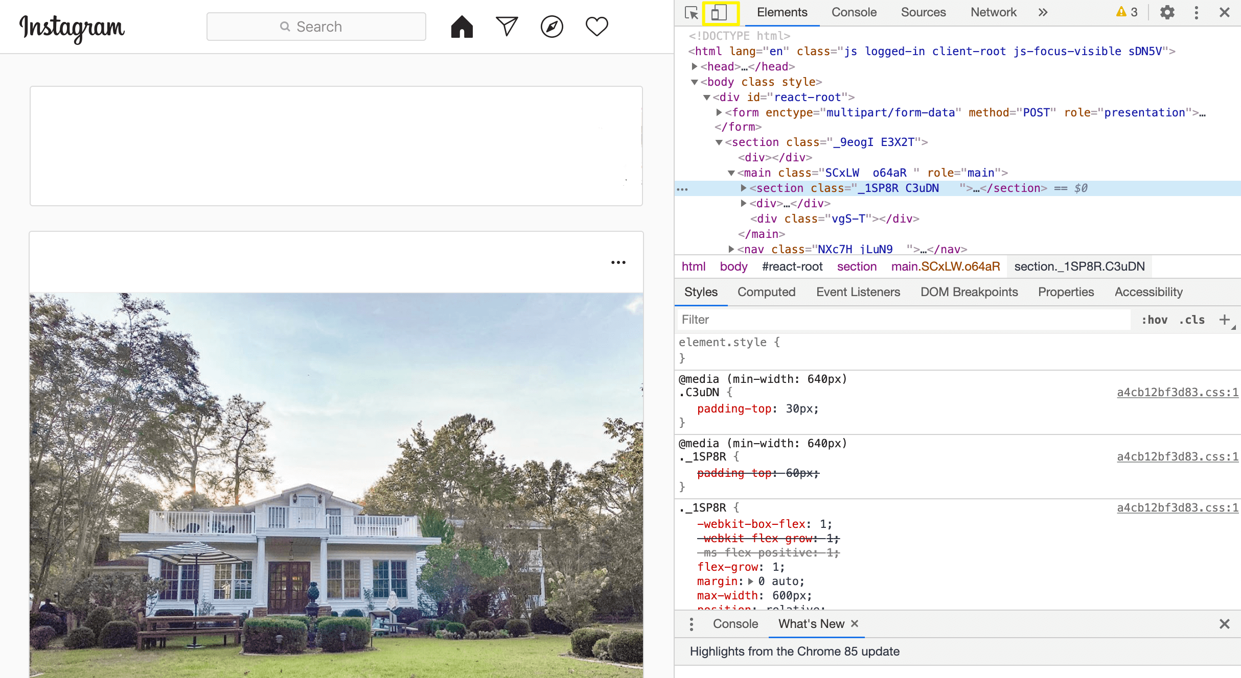 إعداد عرض الجهاز المحمول بأداة Chrome Inspect.