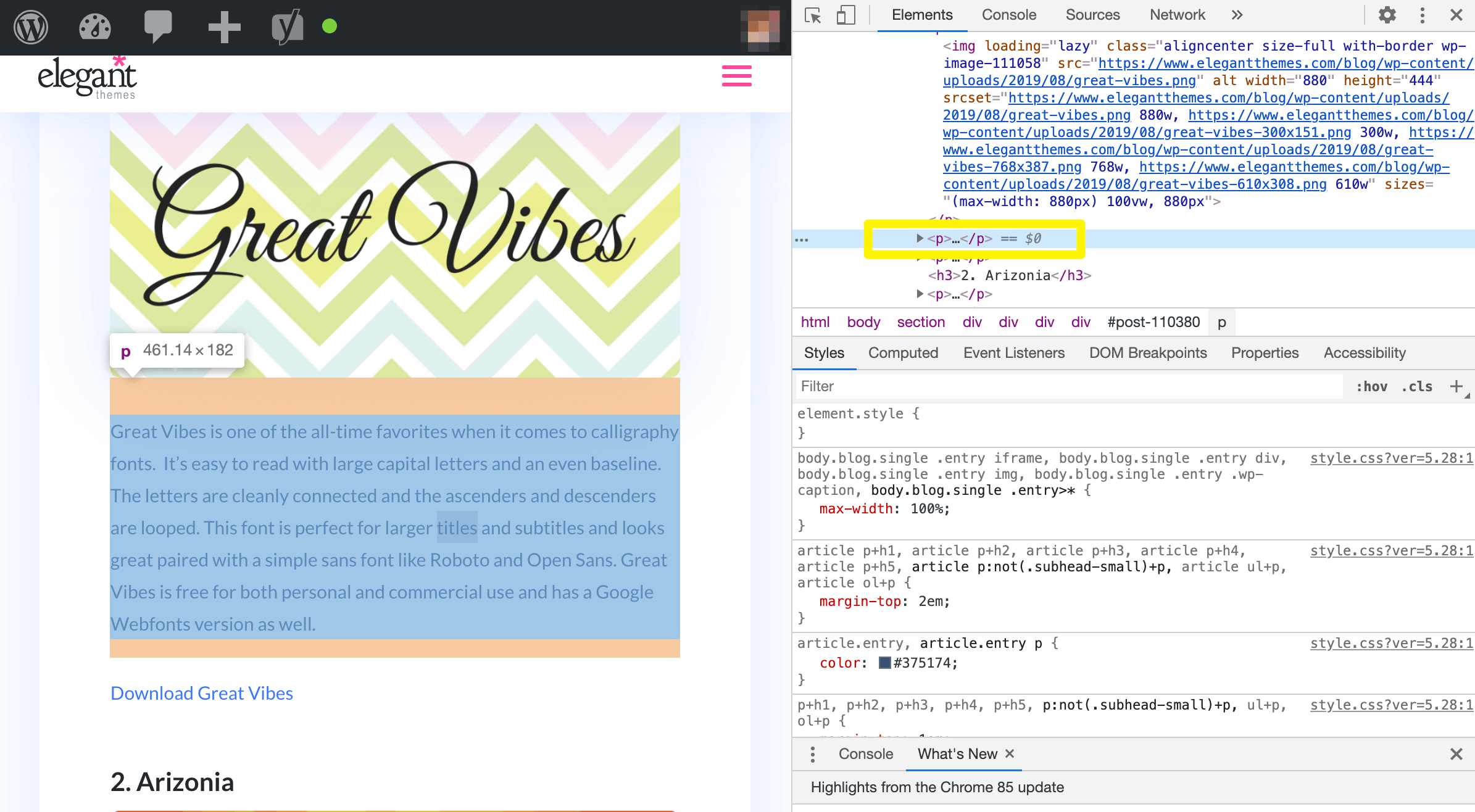 Sélection d'un élément de texte dans l'outil Chrome Inspector.