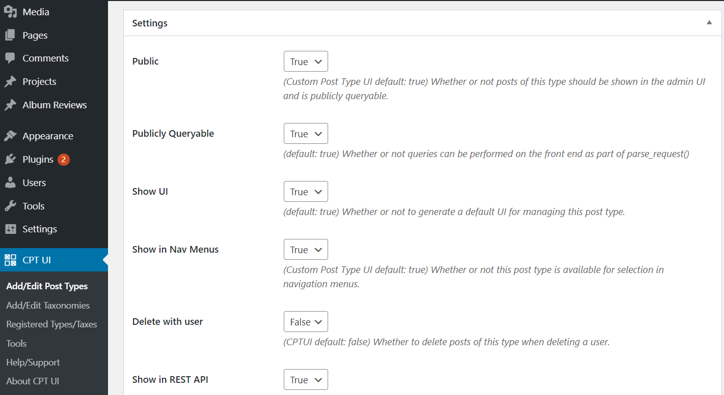 自定义帖子类型 UI 中的自定义帖子类型设置。