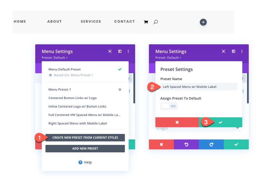 préréglages globaux du module de menu divi