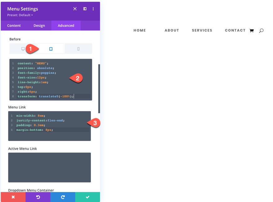 préréglages globaux du module de menu divi