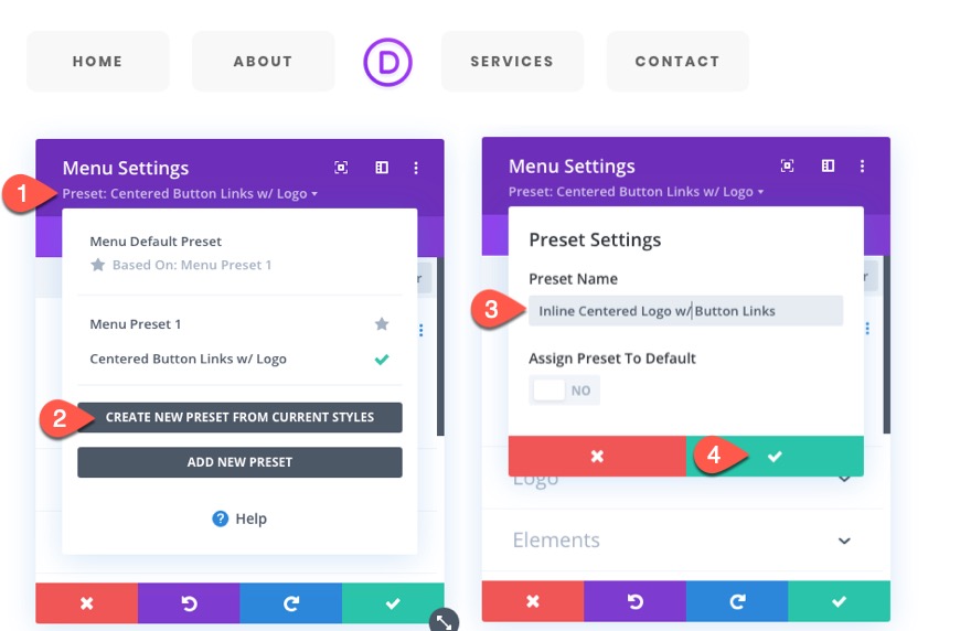 préréglages globaux du module de menu divi