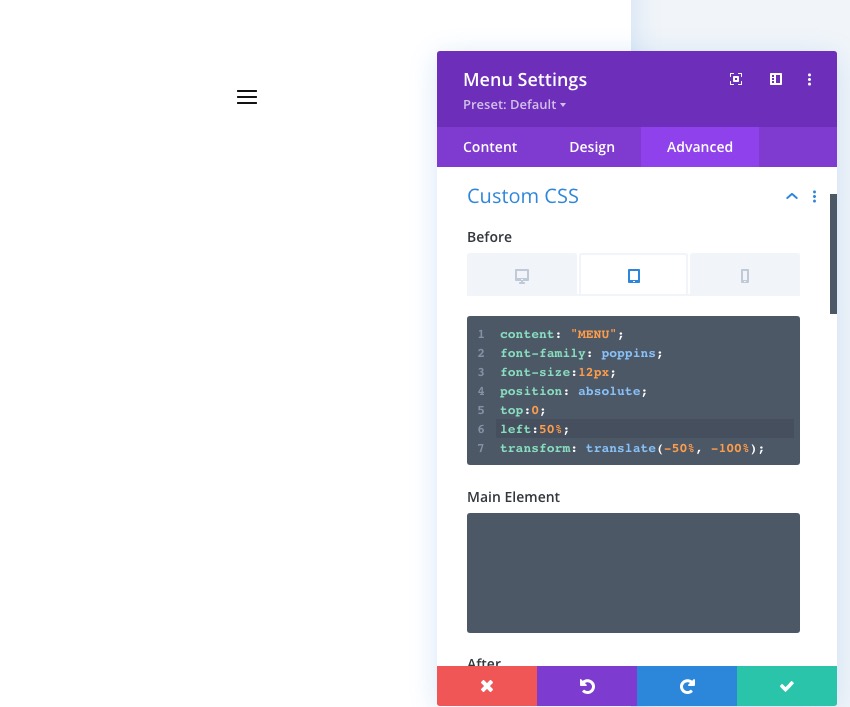 préréglages globaux du module de menu divi