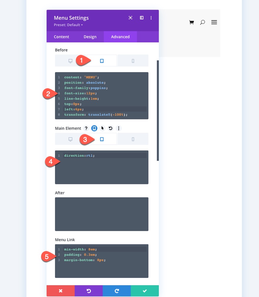 préréglages globaux du module de menu divi