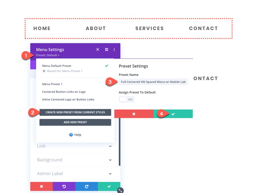 préréglages globaux du module de menu divi