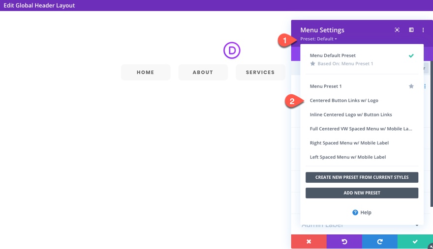 préréglages globaux du module de menu divi