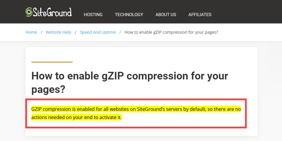 يمكّن siteground تلقائيًا gzip