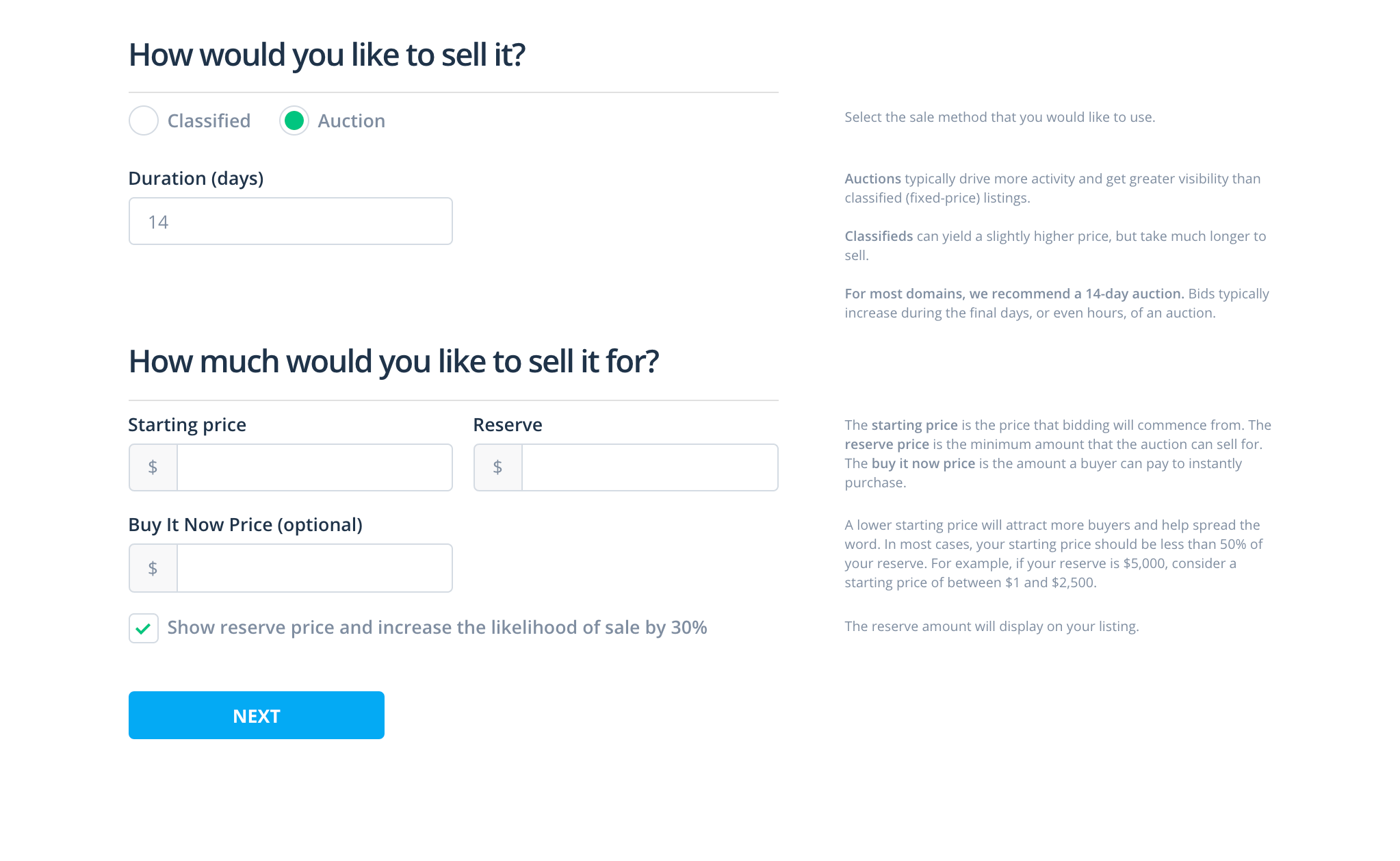 Flippaドメイン名オークションの詳細を指定します。