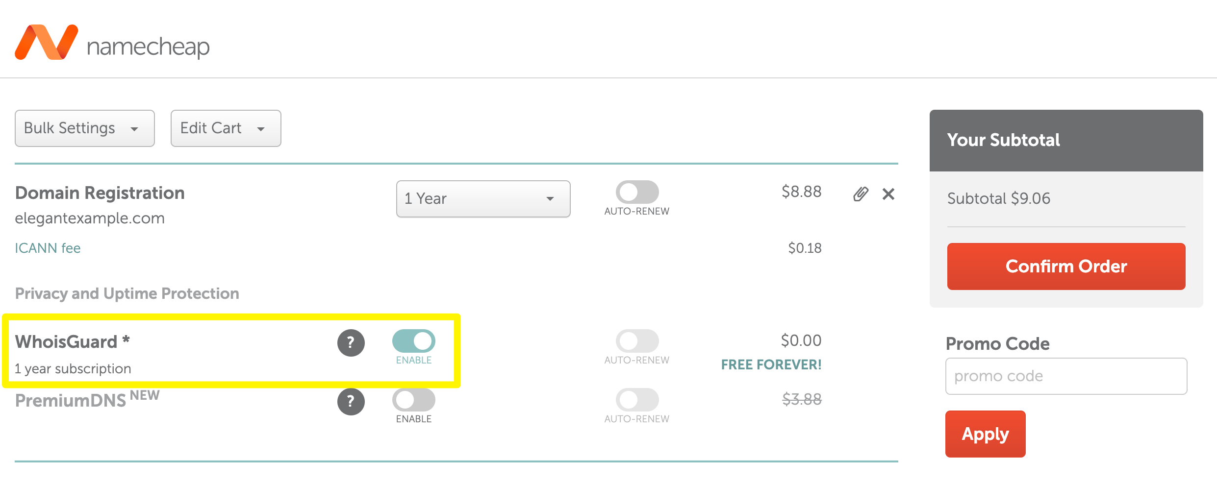 Namecheap 結帳頁面上列出的 WHOIS 保護。