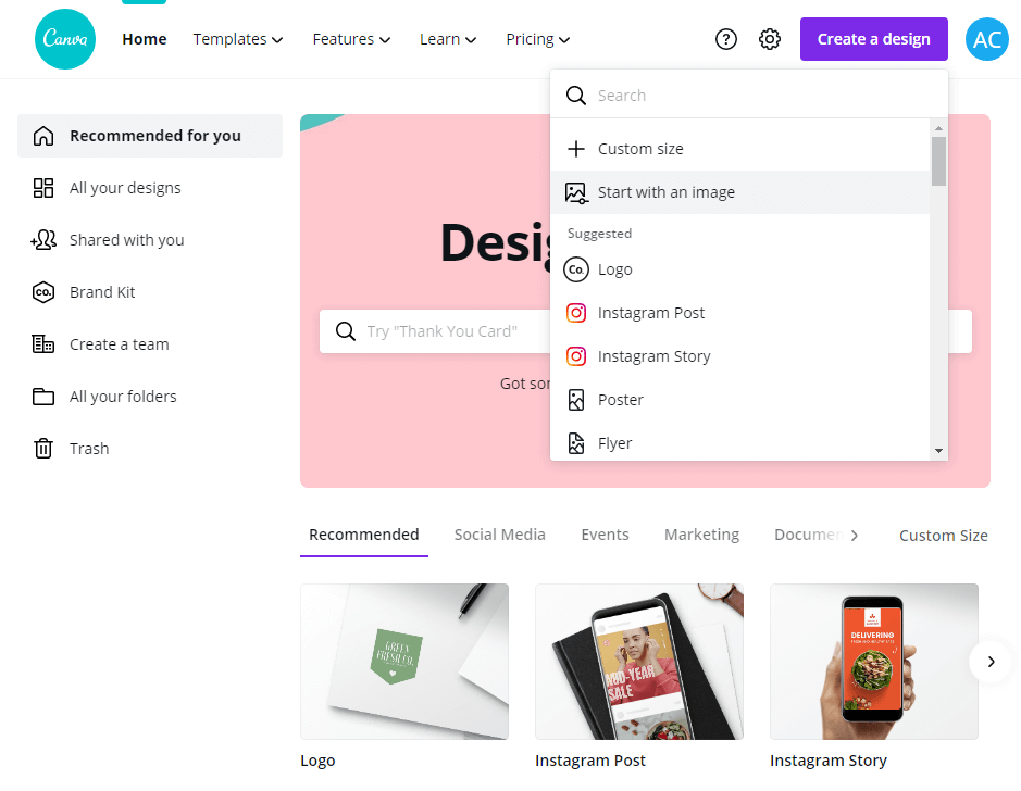 Главное меню Canva